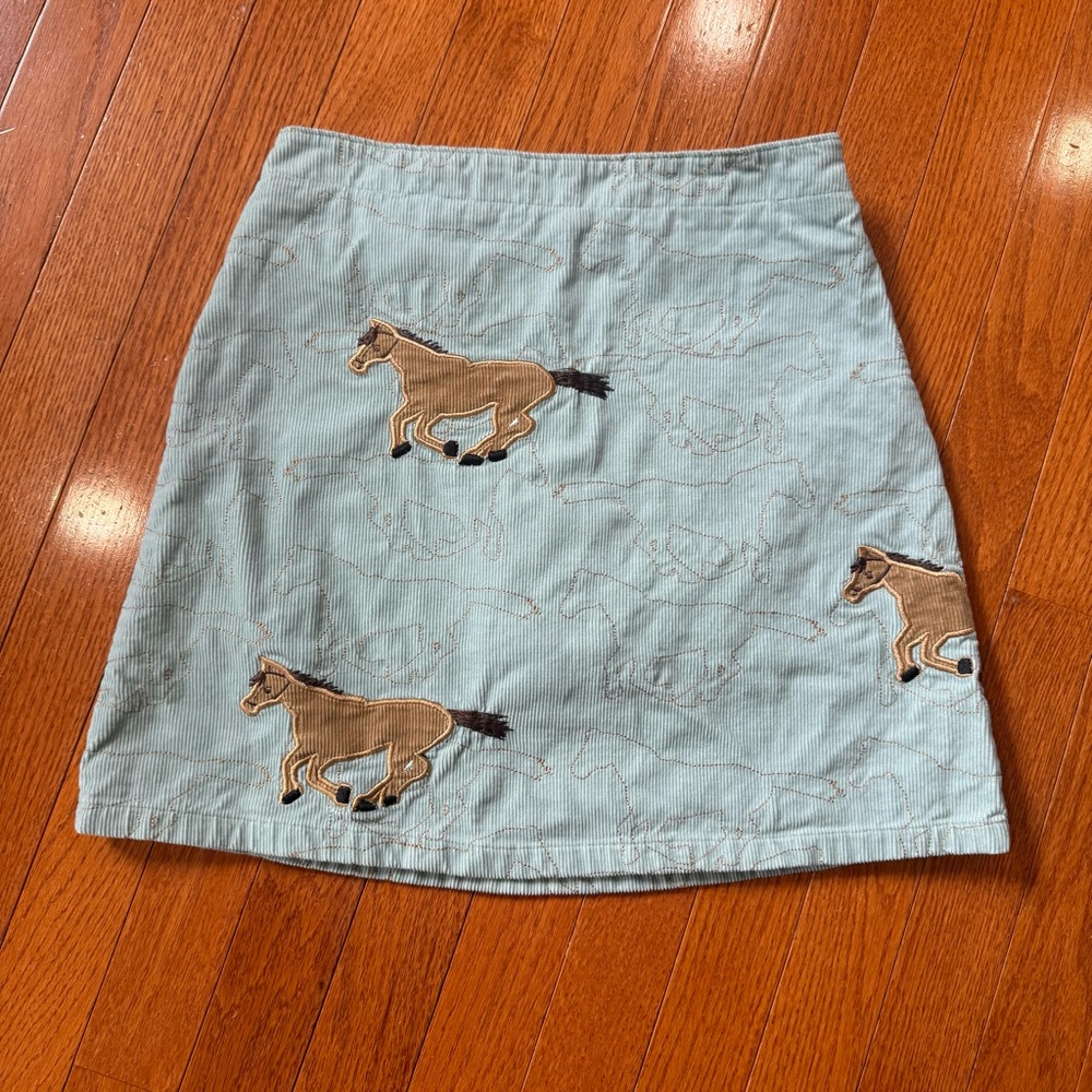 Lands End Embroidered Horses Corduroy Skirt Skort Girls 12 Built In Shorts Blue